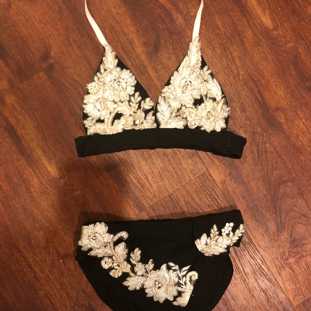 New Black Embellished Gold Lace set
